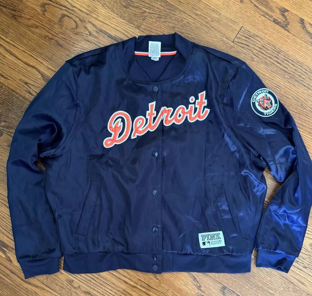 Victoria's Secret Pink Detroit Tigers Satin Bomber Jacket Size L Navy